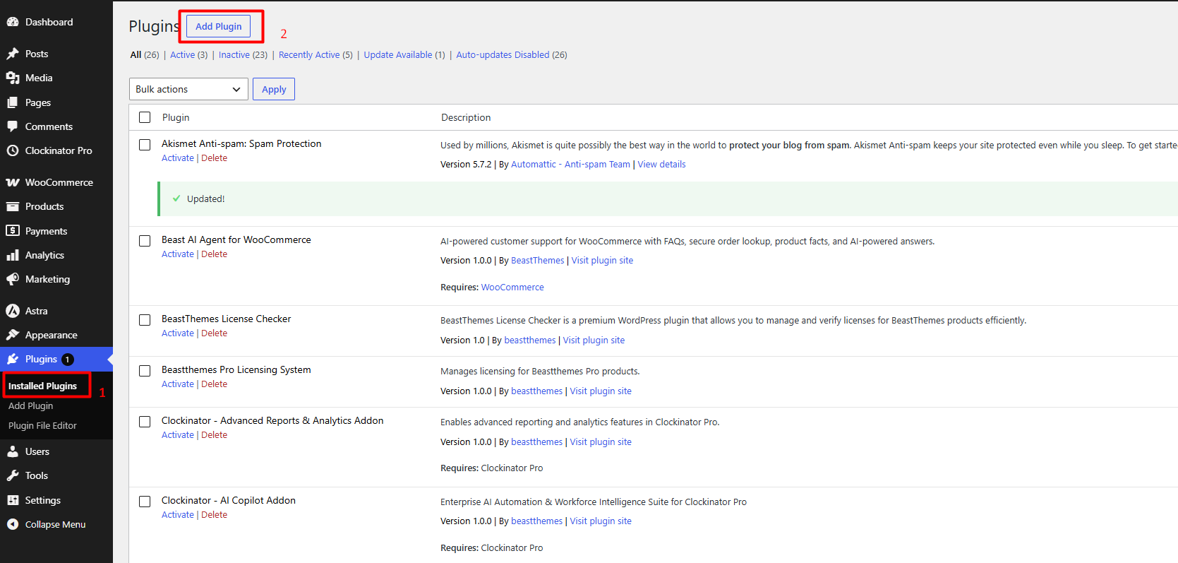 WordPress Add Plugins screen with Clockinator Pro ZIP selected for installation