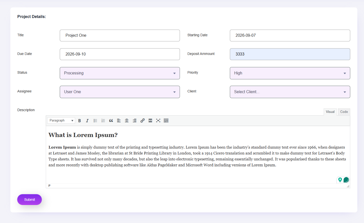 Project Details form