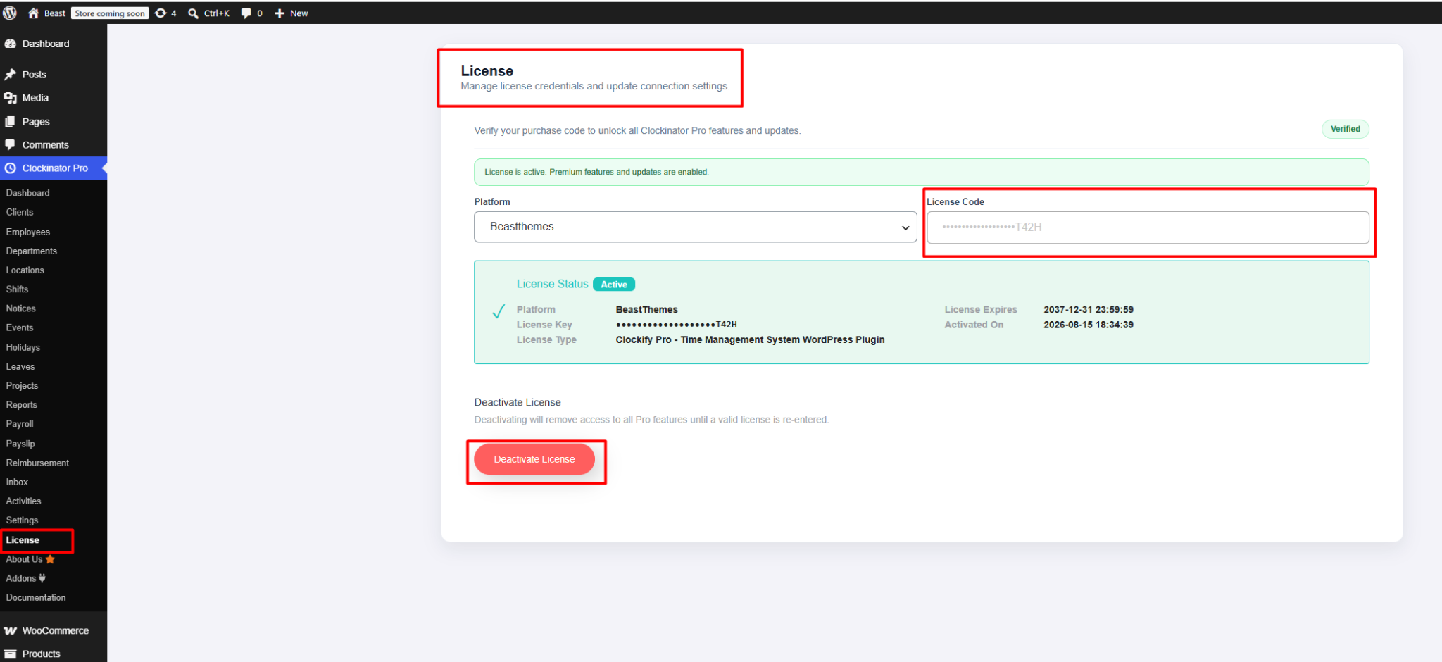 Clockinator Pro License settings panel showing active license status and masked license code