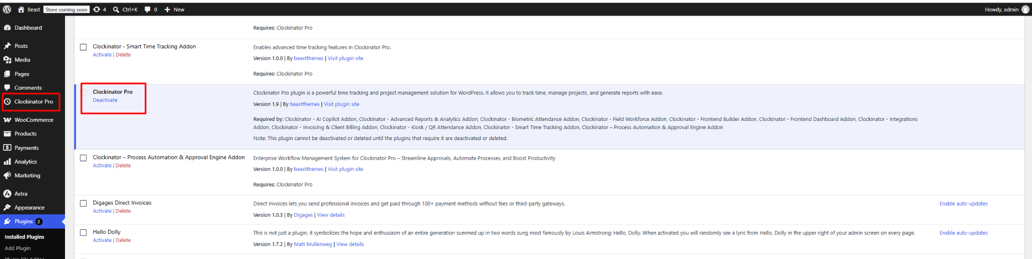 WordPress Installed Plugins list showing Clockinator Pro active and Clockinator addons