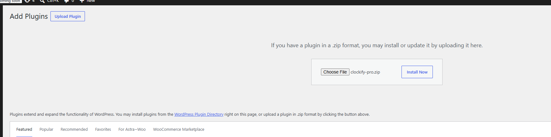WordPress Add Plugins screen with Clockinator Pro ZIP selected for installation