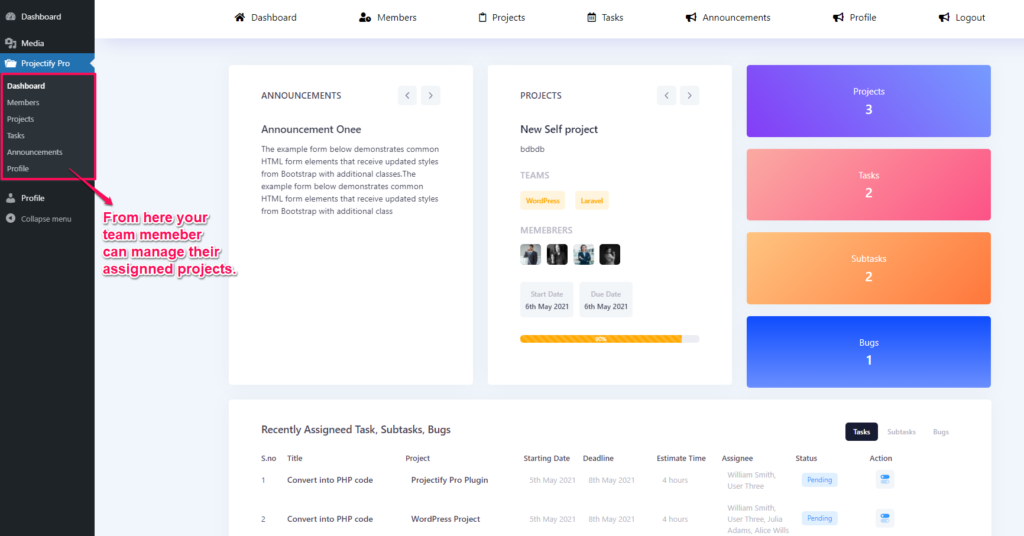 Project management system - Member dashboard