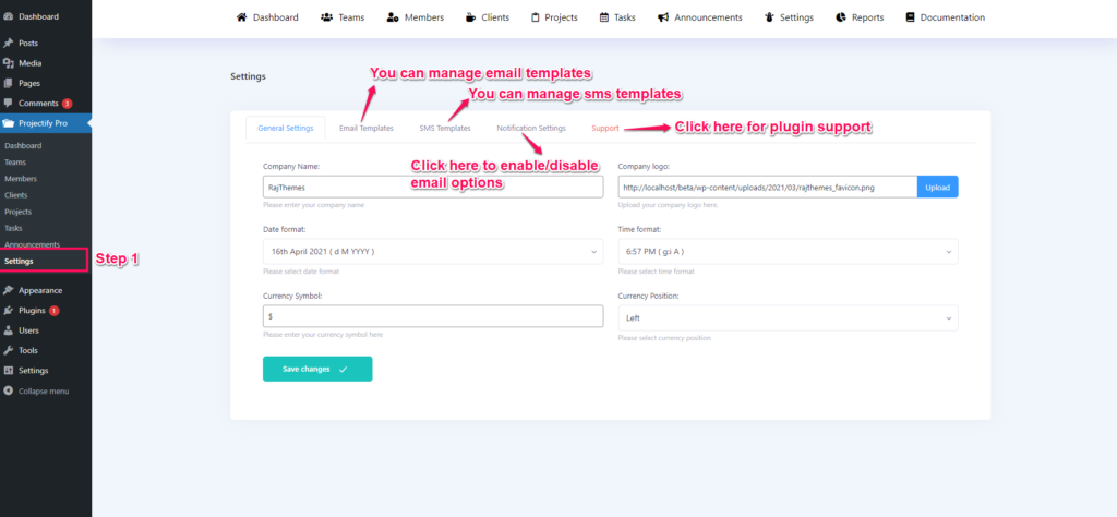 Project management system - settings